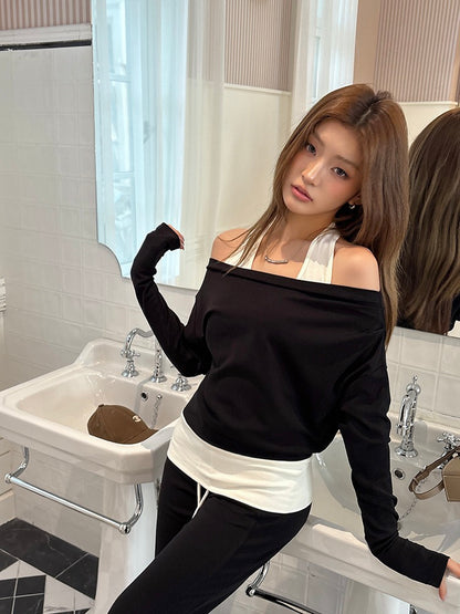 Halter Neck Faux Two-Piece Off-Shoulder Sweatshirt + Flared Casual Pants Set