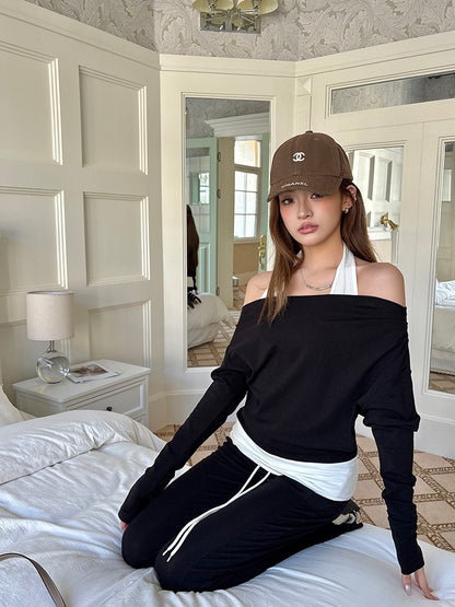 Halter Neck Faux Two-Piece Off-Shoulder Sweatshirt + Flared Casual Pants Set