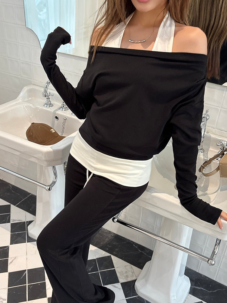Halter Neck Faux Two-Piece Off-Shoulder Sweatshirt + Flared Casual Pants Set
