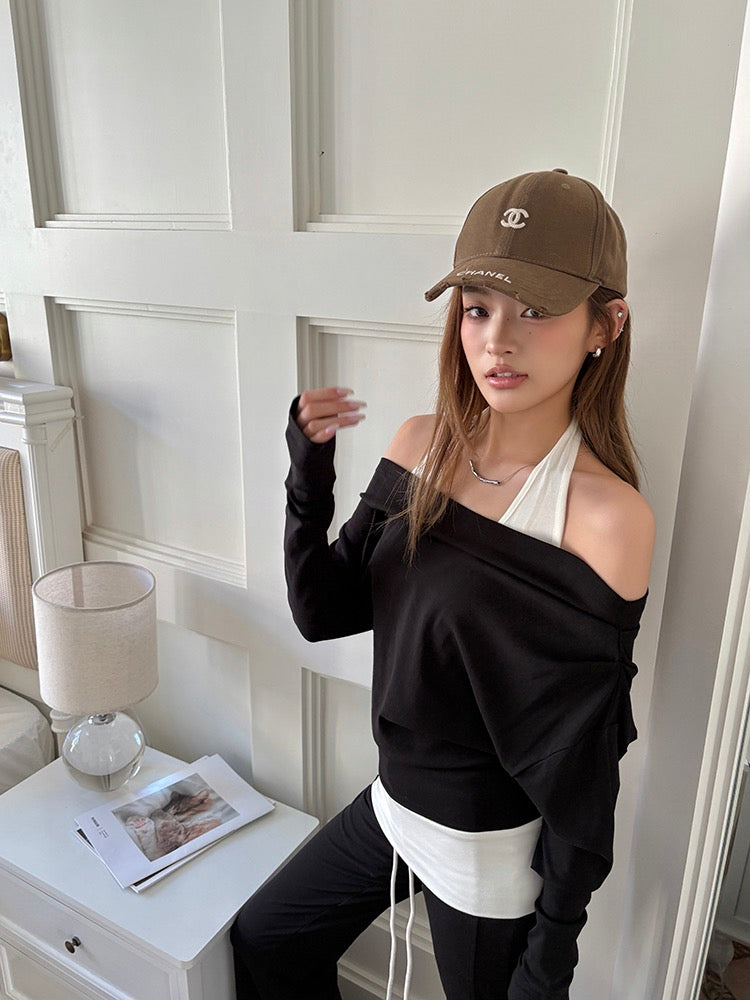 Halter Neck Faux Two-Piece Off-Shoulder Sweatshirt + Flared Casual Pants Set