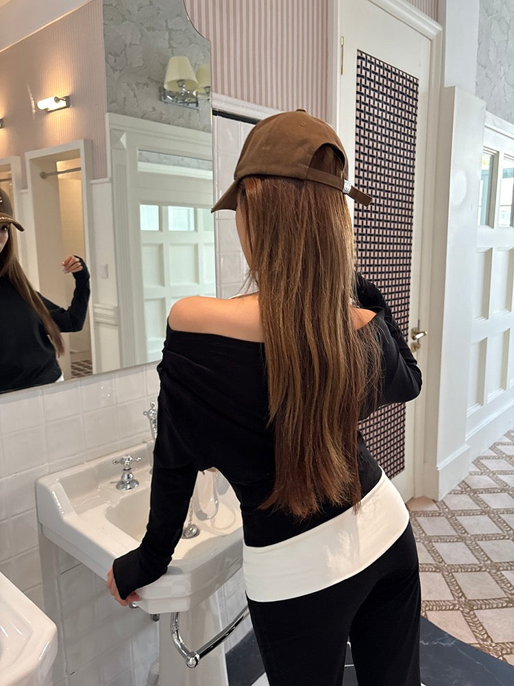 Halter Neck Faux Two-Piece Off-Shoulder Sweatshirt + Flared Casual Pants Set