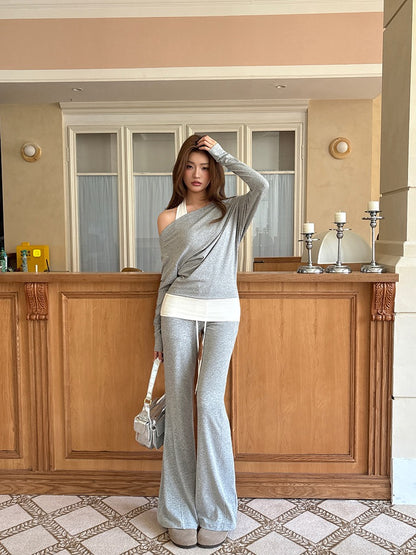 Halter Neck Faux Two-Piece Off-Shoulder Sweatshirt + Flared Casual Pants Set