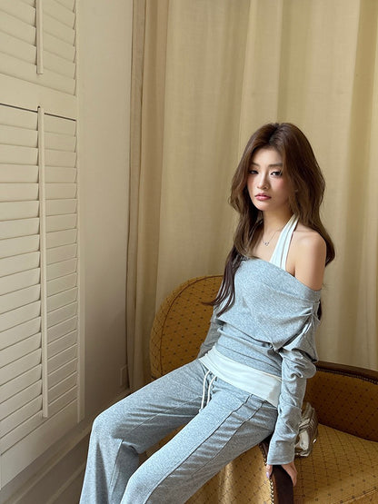 Halter Neck Faux Two-Piece Off-Shoulder Sweatshirt + Flared Casual Pants Set