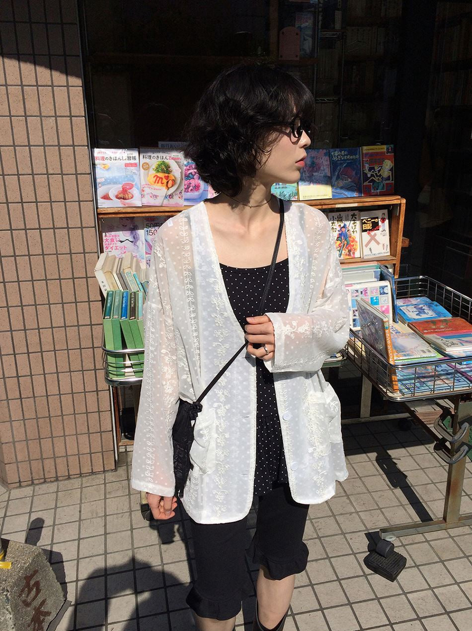 刺繡花朵防曬V領外套