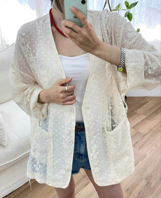 刺繡花朵防曬V領外套