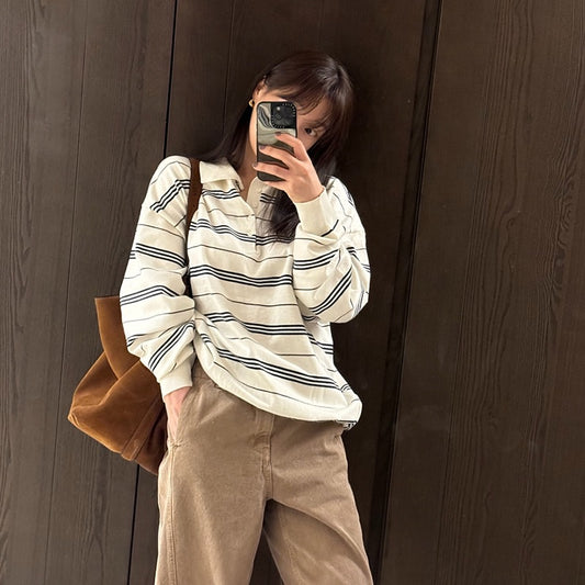 Loose Striped Polo Knit Top