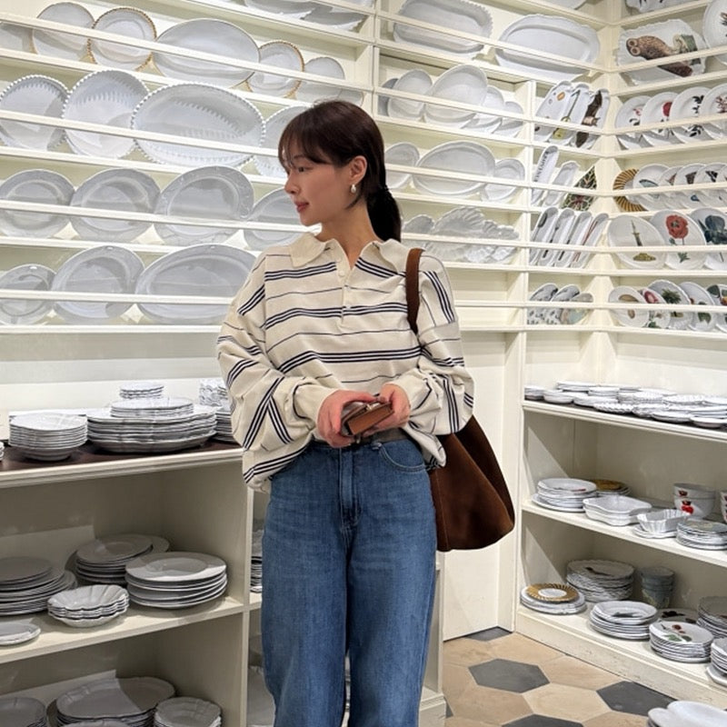 寬鬆條紋Polo針織top