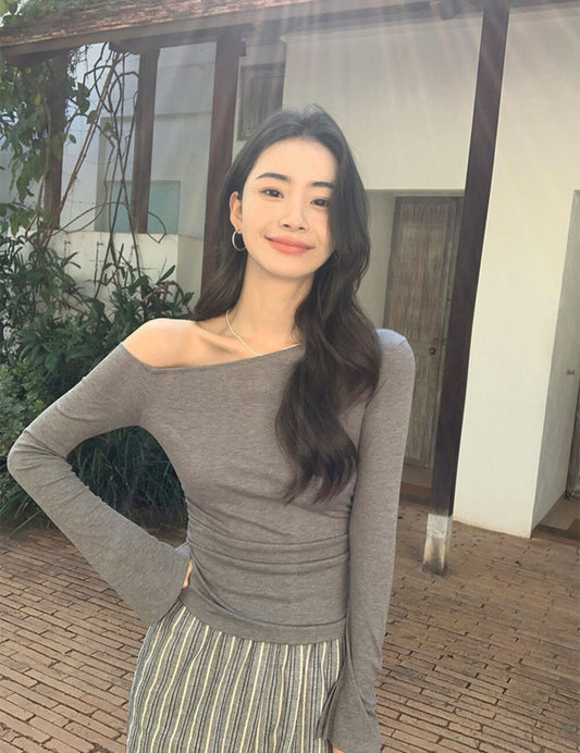 Asymmetrical Shoulder Slim Fit Knit Top