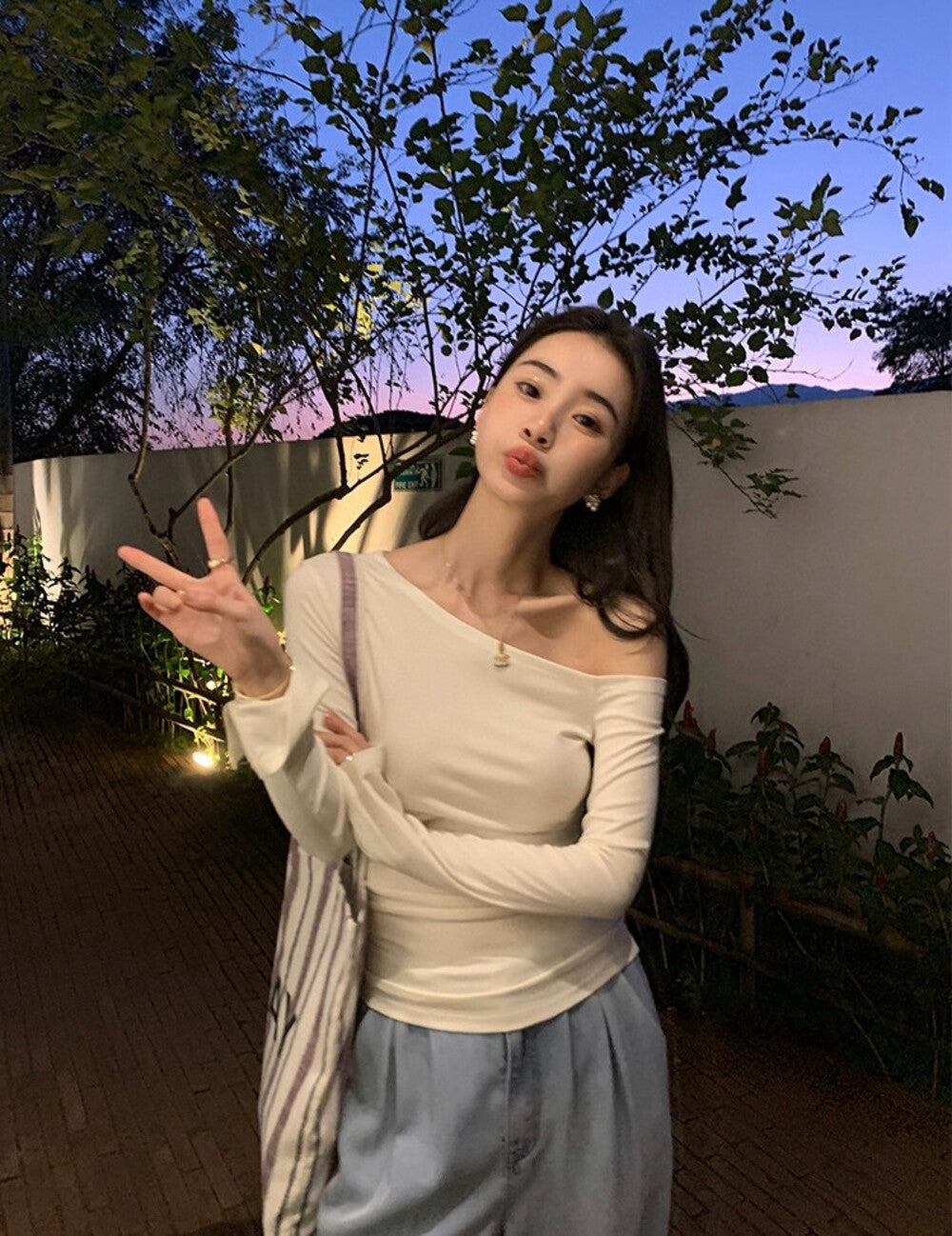 Asymmetrical Shoulder Slim Fit Knit Top