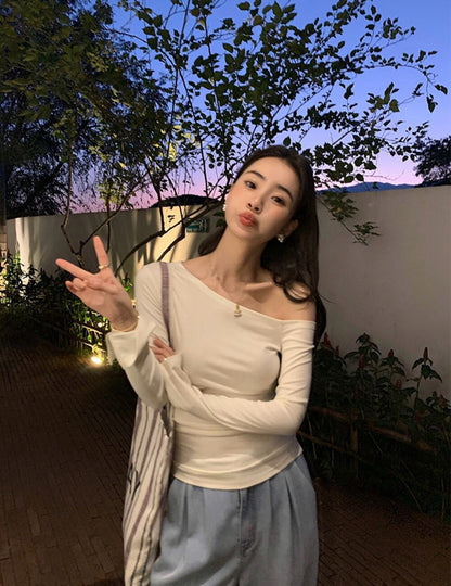 Asymmetrical Shoulder Slim Fit Knit Top