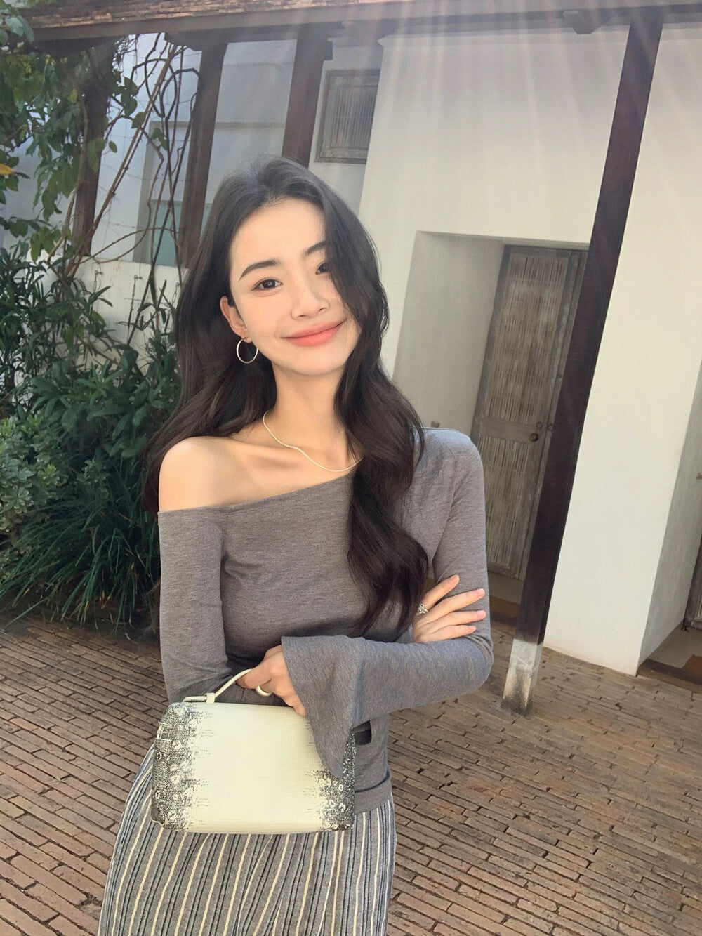 Asymmetrical Shoulder Slim Fit Knit Top