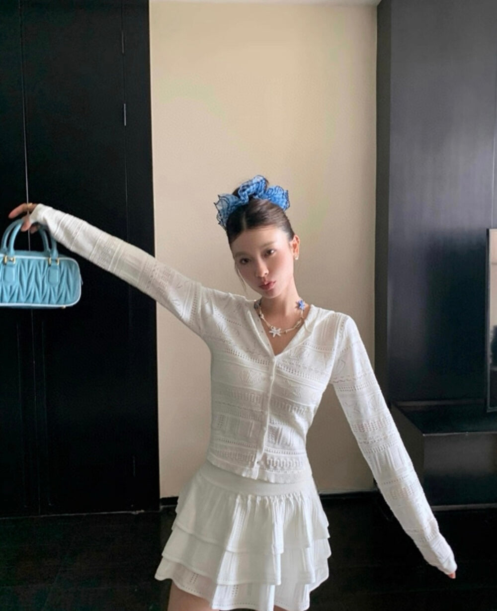 フード付き長袖ニットカーディガン+スカートセット