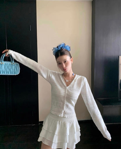 フード付き長袖ニットカーディガン+スカートセット