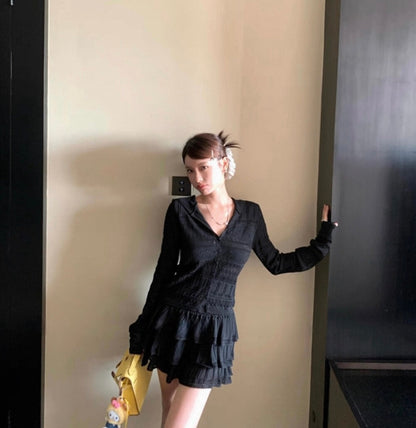 フード付き長袖ニットカーディガン+スカートセット