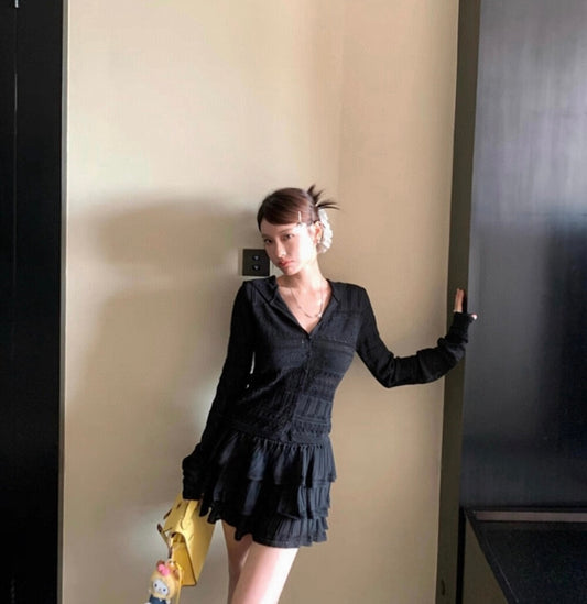 連帽長袖針織開衫+半身裙set