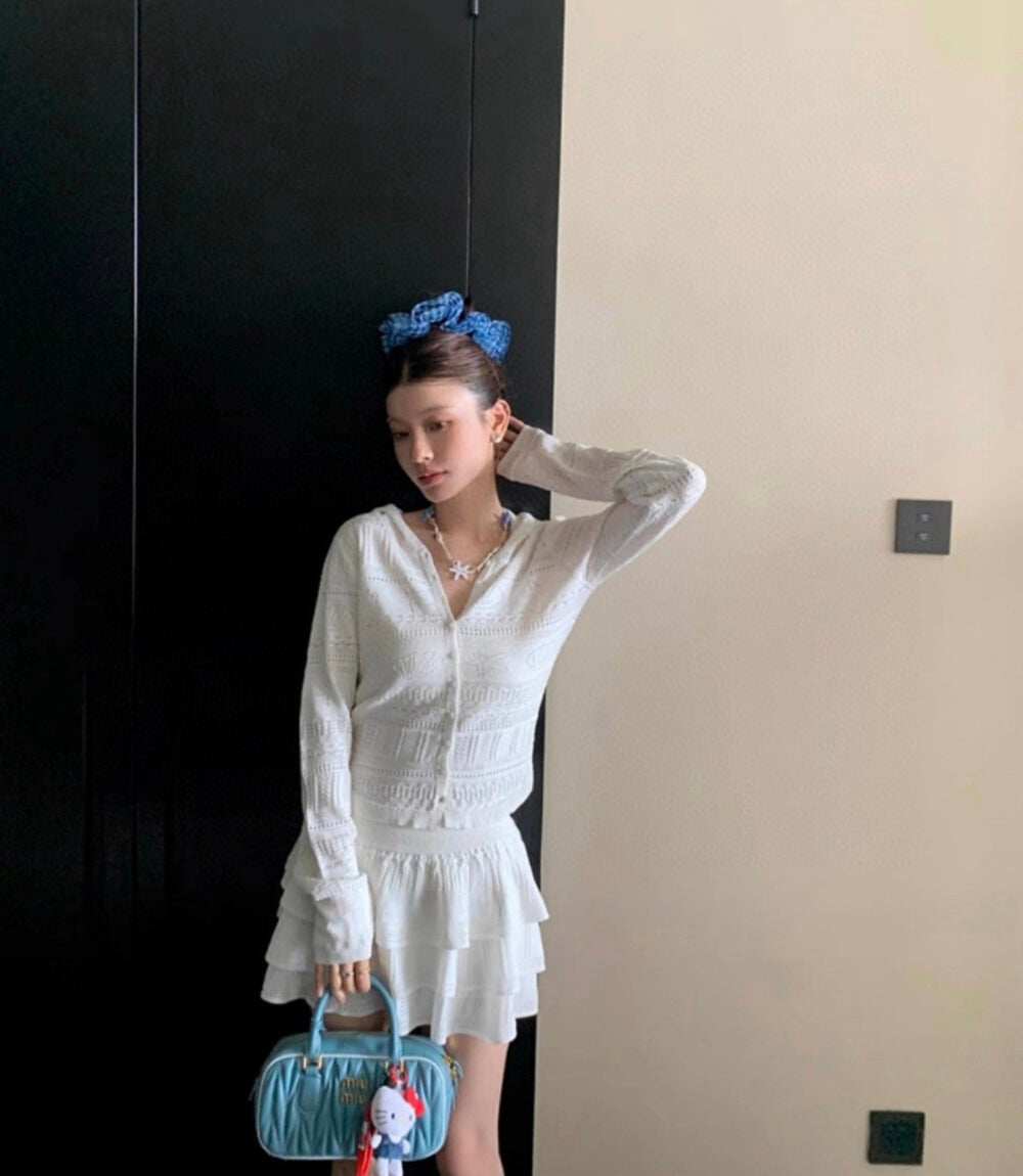 フード付き長袖ニットカーディガン+スカートセット