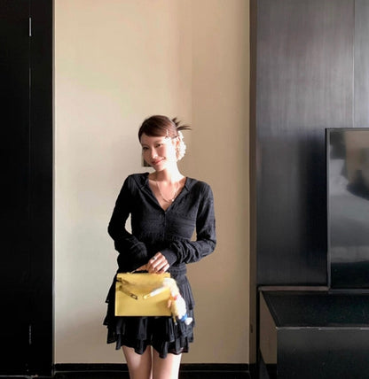 フード付き長袖ニットカーディガン+スカートセット