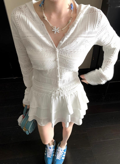 フード付き長袖ニットカーディガン+スカートセット