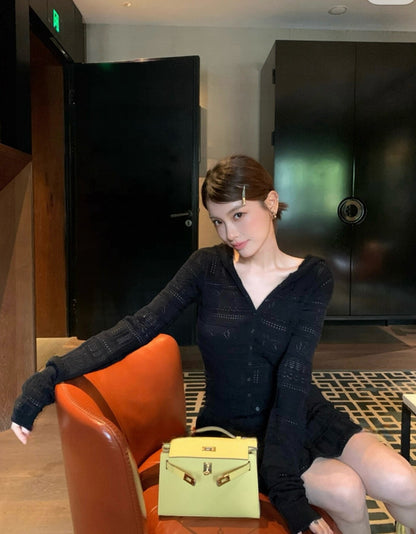 フード付き長袖ニットカーディガン+スカートセット