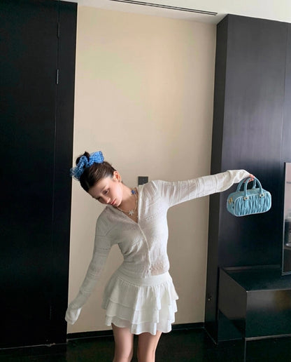 フード付き長袖ニットカーディガン+スカートセット