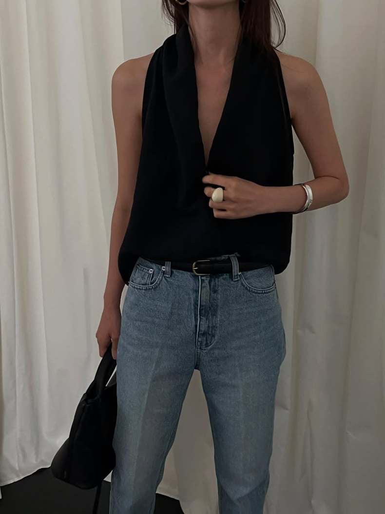 交叉掛脖亞麻背心恤衫