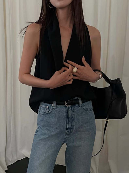 交叉掛脖亞麻背心恤衫