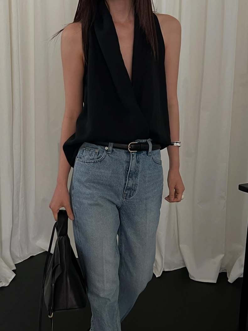 交叉掛脖亞麻背心恤衫