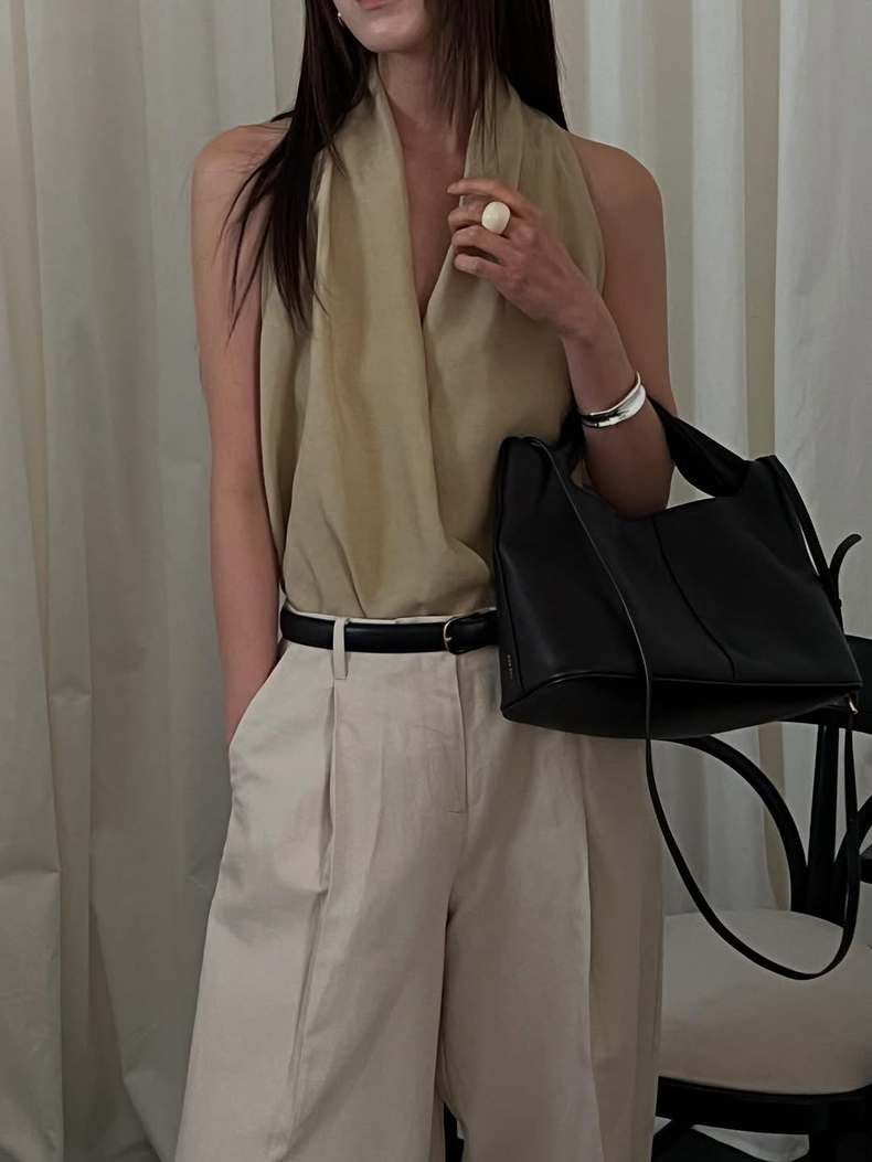 交叉掛脖亞麻背心恤衫