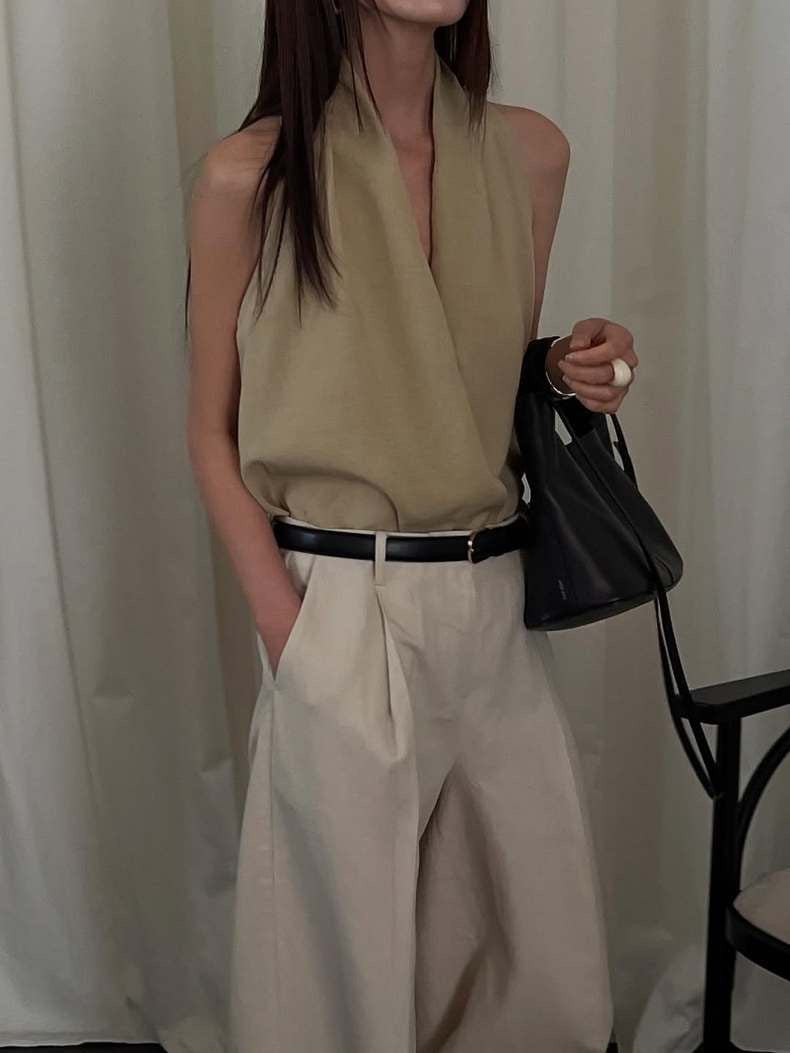 交叉掛脖亞麻背心恤衫