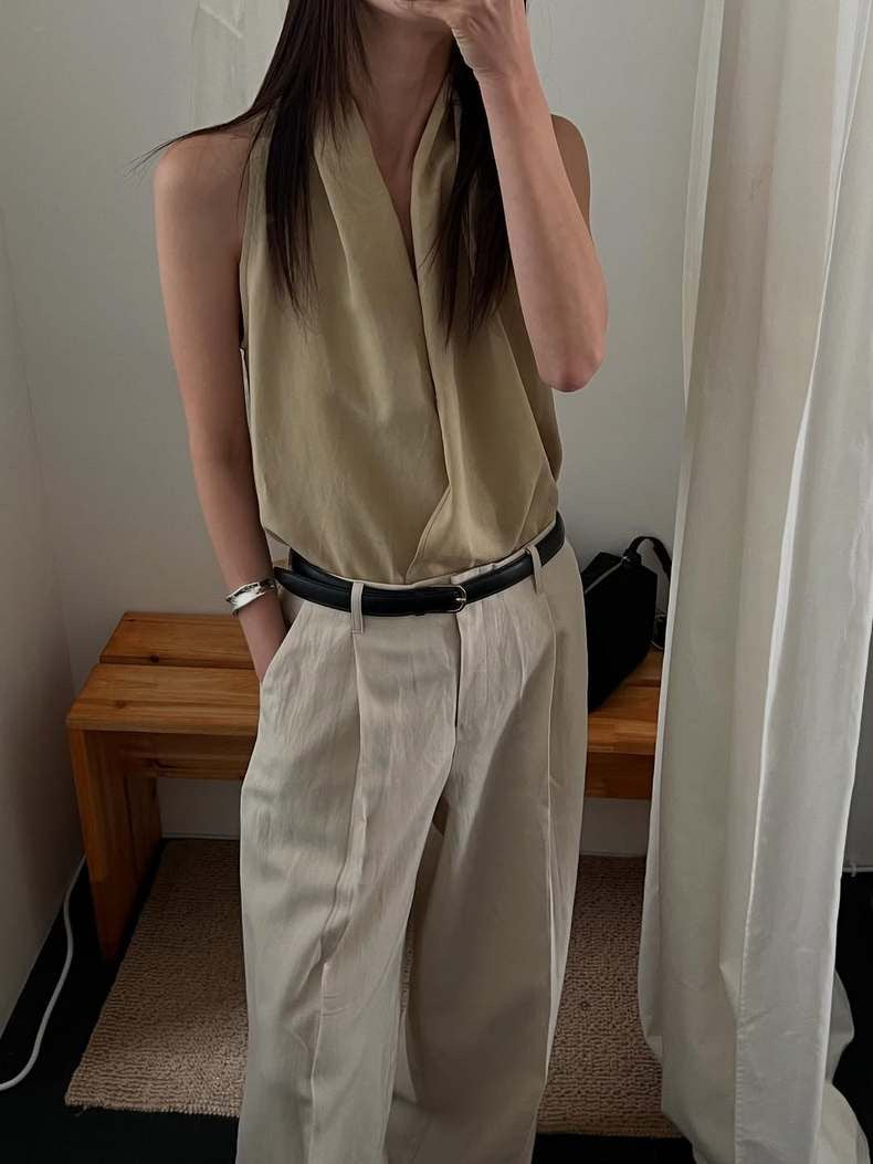 交叉掛脖亞麻背心恤衫