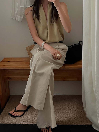 交叉掛脖亞麻背心恤衫