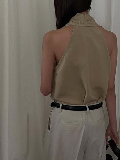 交叉掛脖亞麻背心恤衫