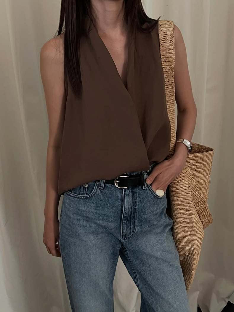 交叉掛脖亞麻背心恤衫