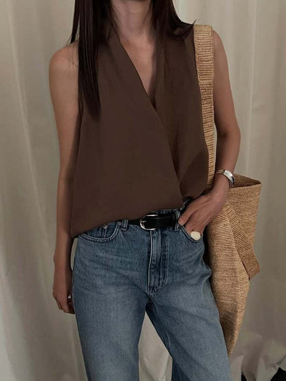 交叉掛脖亞麻背心恤衫