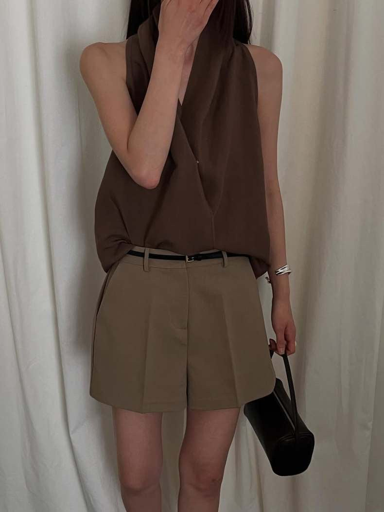 交叉掛脖亞麻背心恤衫