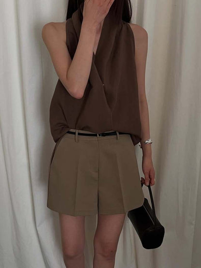 交叉掛脖亞麻背心恤衫