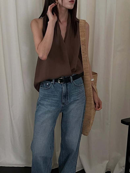 交叉掛脖亞麻背心恤衫