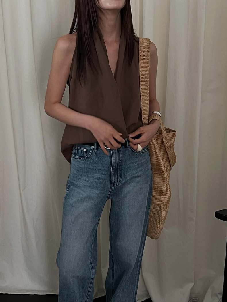 交叉掛脖亞麻背心恤衫