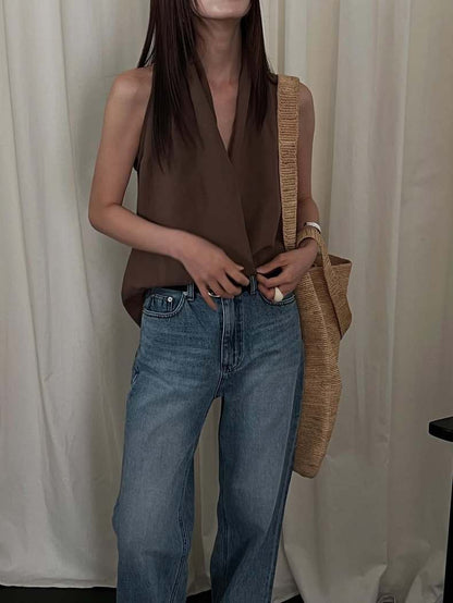 交叉掛脖亞麻背心恤衫