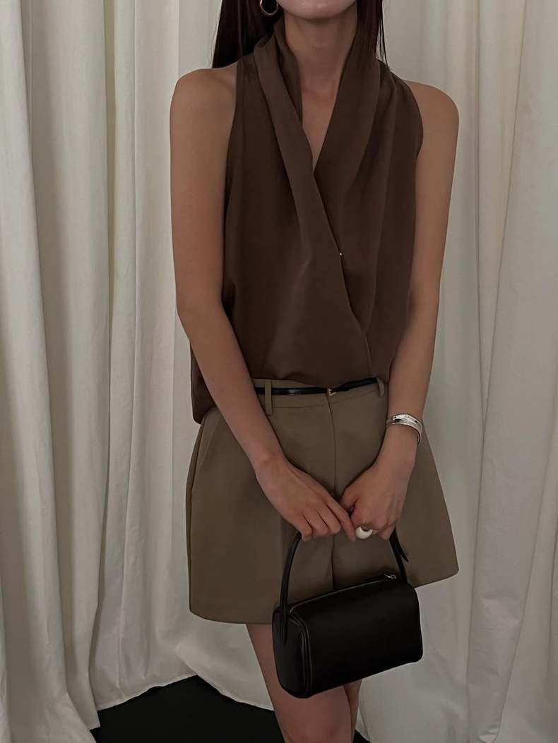 交叉掛脖亞麻背心恤衫