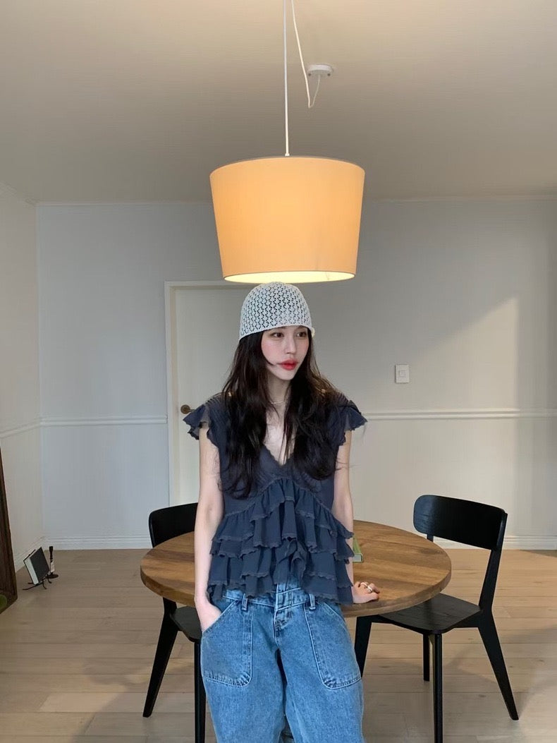 Irregular Lace Flutter Sleeve Blouse