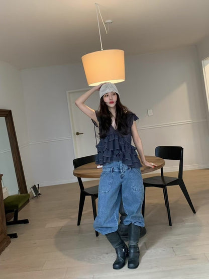 Irregular Lace Flutter Sleeve Blouse