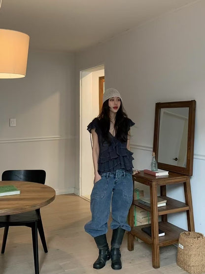 Irregular Lace Flutter Sleeve Blouse