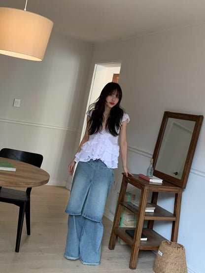 Irregular Lace Flutter Sleeve Blouse