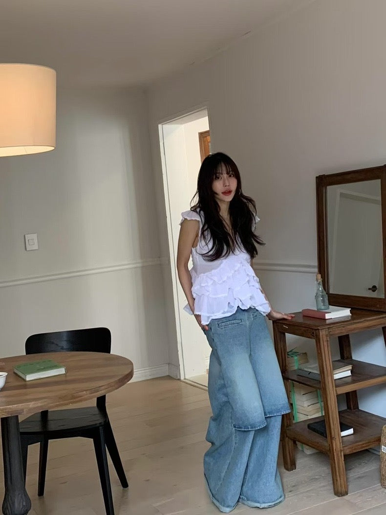 Irregular Lace Flutter Sleeve Blouse