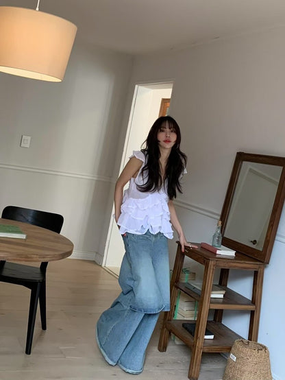 Irregular Lace Flutter Sleeve Blouse