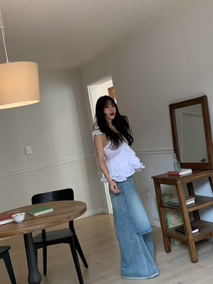 Irregular Lace Flutter Sleeve Blouse