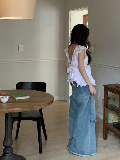 Irregular Lace Flutter Sleeve Blouse