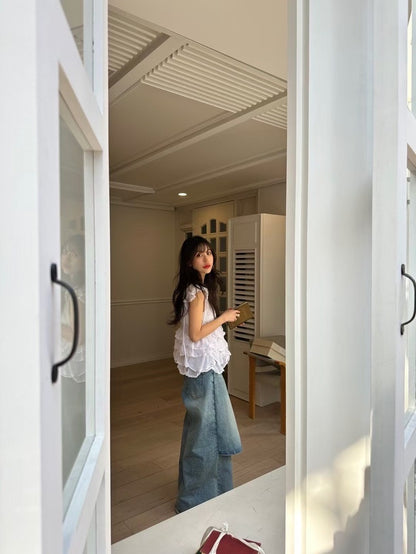 Irregular Lace Flutter Sleeve Blouse