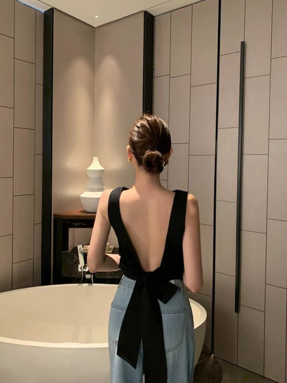 French-Style Backless Tie Bow Tank Top